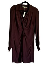 LOFT Womens Long Sleeve Shirt Dress 8 Burgundy Twist Front Detail Office Career