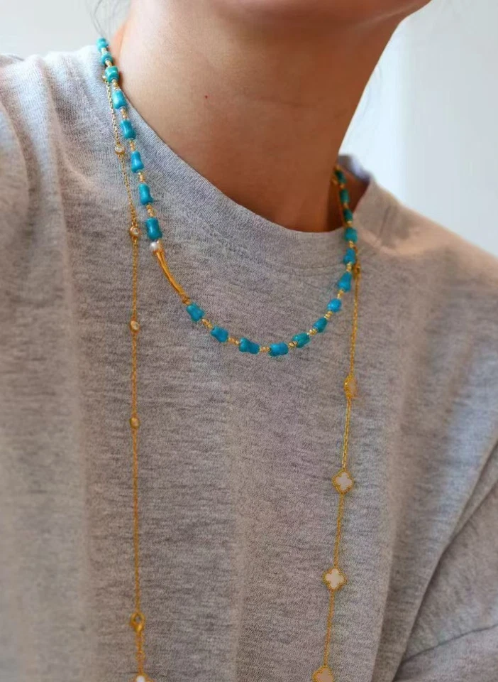 Natrual бирюзовый синий глазурь ожерелье бусины 5,5 мм 18K золото с удлинитель цепочка - Изображение 3 из 4