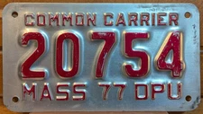 1977 Massachusetts Common Carrier License Plate - # 20754 - MASS 77 DPU