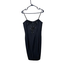 Alex Evenings Black Beaded Cocktail Dress Spaghetti Strap Sheath Midi Womens S