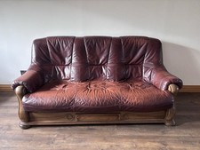 3-Seater Toffee Brown Leather Sofa with Wood Frame
