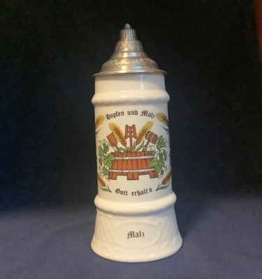 WMF Porzellan Bierkrug mit Zinndeckel - Hopfen und Malz, Gott erhalt´s.