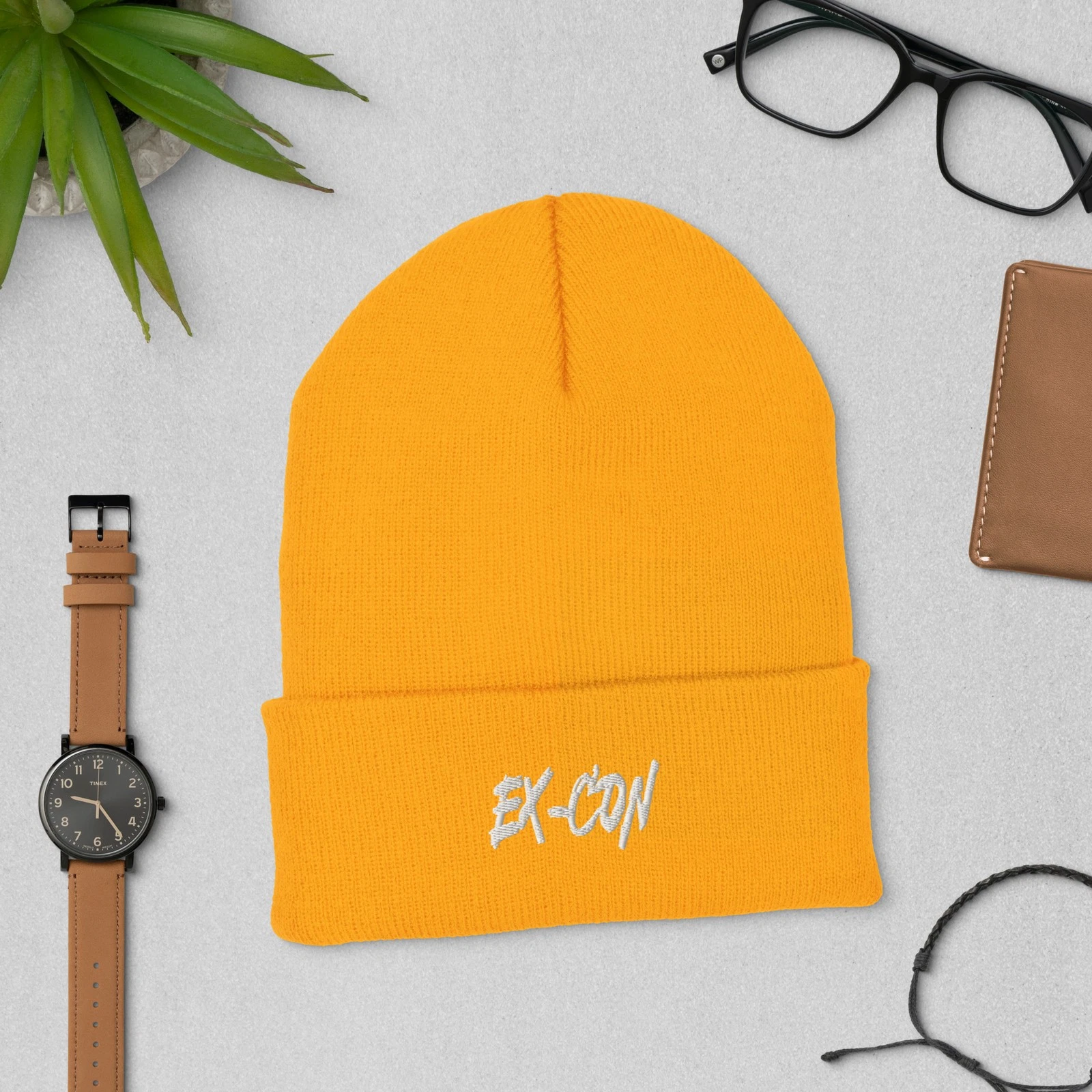 EX-CON Gold Cuffed Beanie | Unisex Knit Beanie | Classic Winter Hat