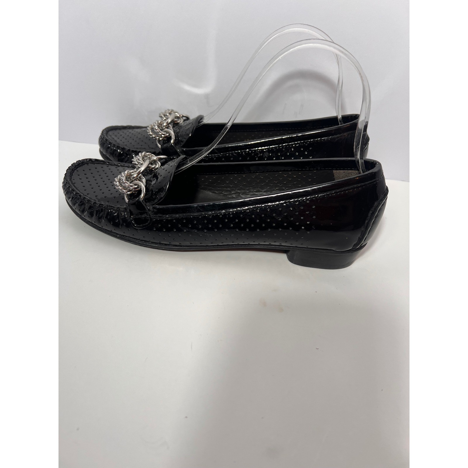 Stuart Weitzman Black Patent Leather Chain Link Loafer Flats