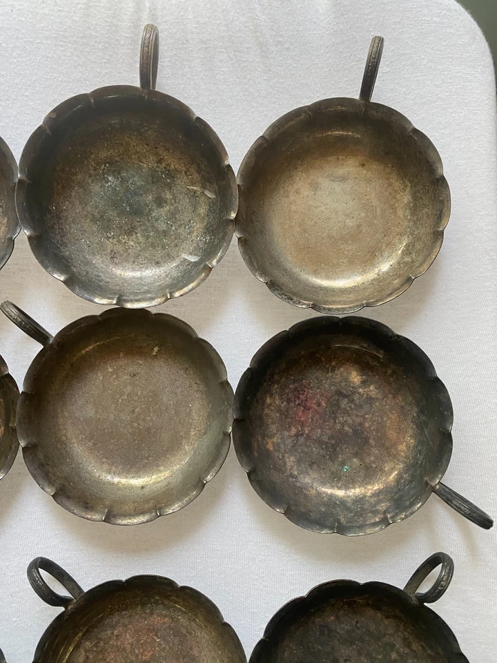 9 salinas chapadas en plata EPS vintage con asas - cuencos festoneados de 3,5" Foto 4 de 4