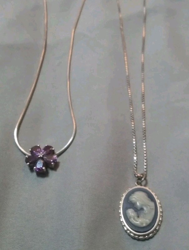 Lot Of 2 925 Sterling Silver Necklace 17.5g Amethyst Cameo Pendant Silver Chains