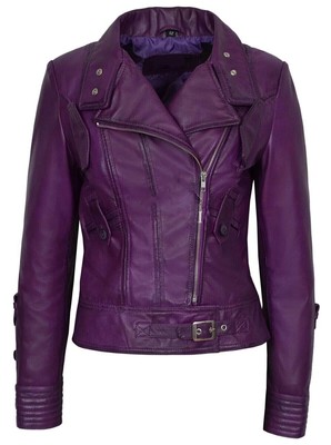 Eleganter Stil Damen Lila Lederjacke 100% Echt Lammleder Moto Biker Jacke