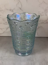 Imperial Glass Blue Iridescent Diamond Compote Vase Vintage 