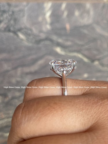Anello di fidanzamento solitario aureola nascosto taglio ovale allungato 8 ct oro bianco 14 carati - Foto 2 di 7