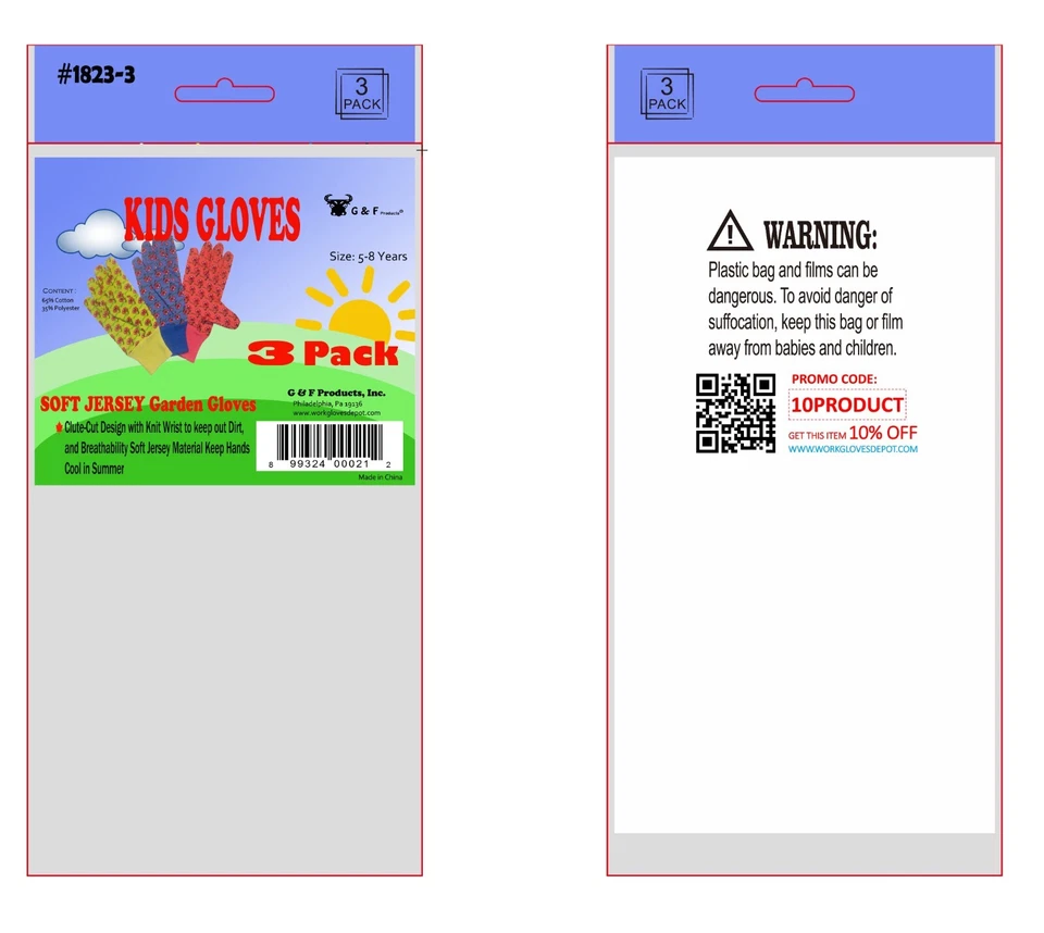 G & F 1823-3 JustForKids Soft Jersey Kids Garden Gloves, 3 Pairs Green/Red/Blue - Image 3 of 4