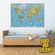 CARTE DU MONDE pour enfants style dessin animé coloré pleine de faits garçons/filles art de chambre à coucher