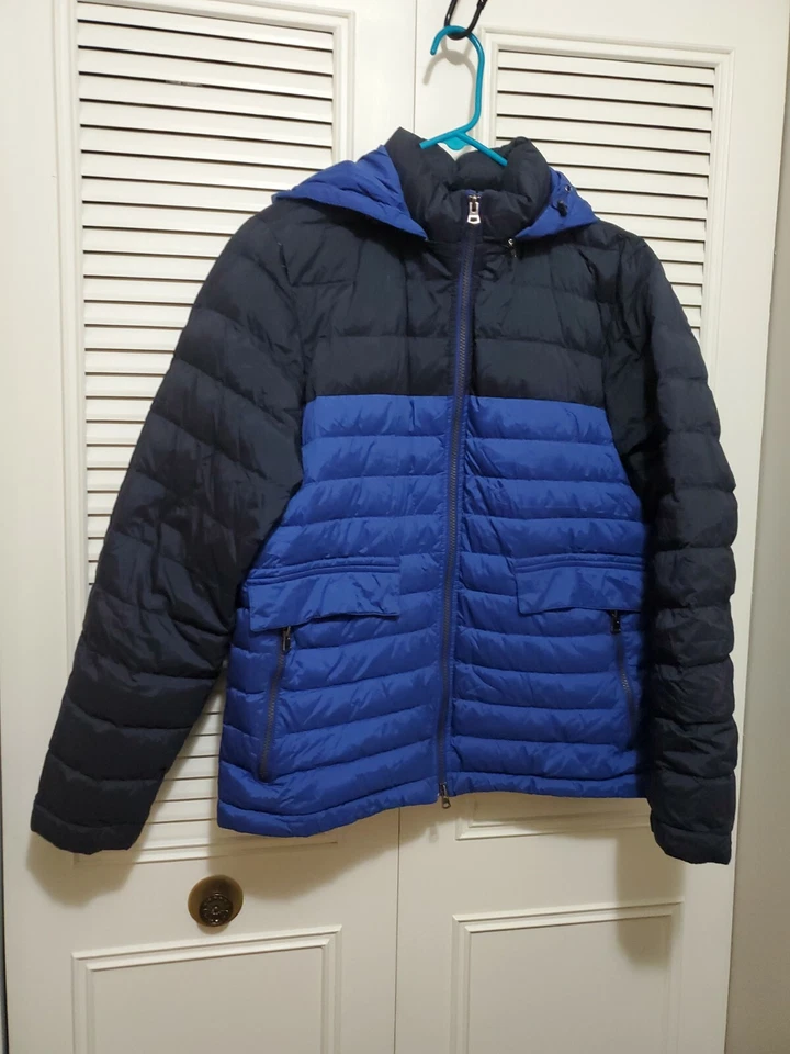 T Down Theory Puffer With Hoodie/ Winter Coat By Uniqlo Sz Md Black & Blue EUC - Image 2 of 4