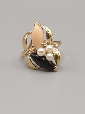 14K 4.1g Gold Pink Coral Black Coral Pearl Ring Vintage Maui Divers size 6.5 
