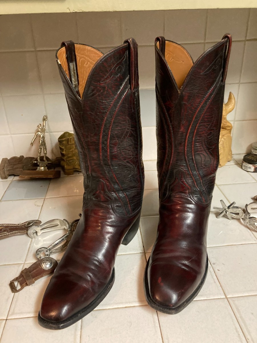 Lucchese Classic Brown Leather Western Boots Men\'s 7 B Cowboy Embroidered‎ USA Lucchese M4914 Vintage NOS Western Boots Whiskey Star Top  main image 2