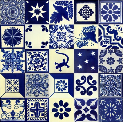 25 4x4 Mexican Ceramic Tiles Blue & White Mixed Designs