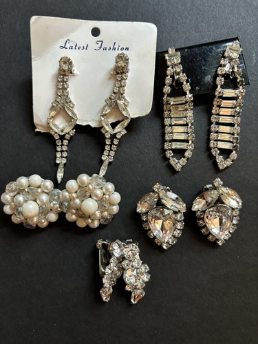 Vintage Lot of 5 Pairs Silvertone Rhinestone Clip On Earrings Fancy Dangle