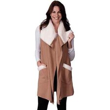 Le Moda Women’s Sleeveless Fleece Vest With Faux Sherpa Trim Camel