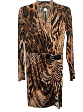 VENUS Womens Faux Wrap Knee Length Dress Size S Snake Print Brown V-Neck Long SL