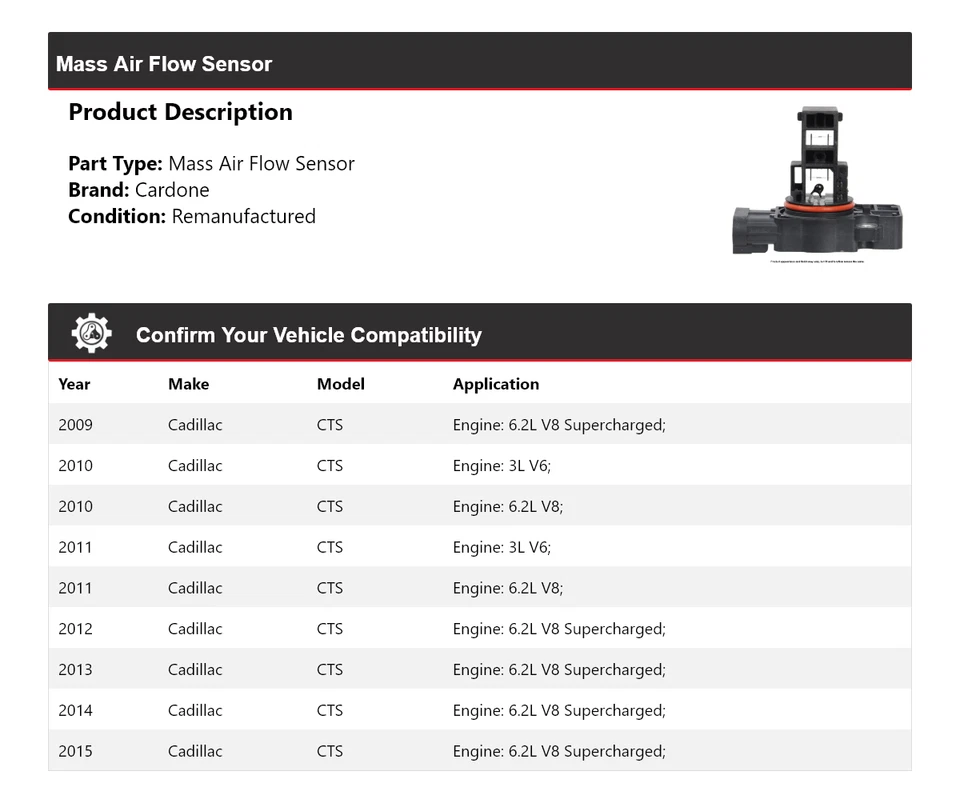 Sensor de flujo de aire masivo Cardone para Cadillac CTS 2009-2015 2010 2011 2012 2013 2014 Foto 2 de 4