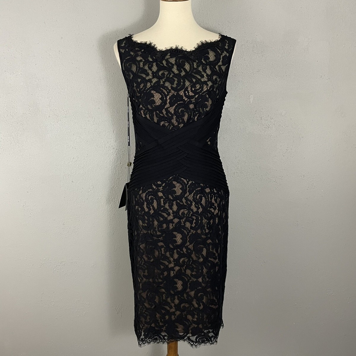 TADASHI SHOJI $330 Pleated Bodice Lace Sheath Dress Size 8 Black Lined NEW  | eBay
