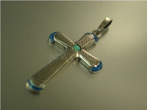 KREUZ 925 MIT KLEINEM OPAL - RÄNDER MIT BLAU EMAILLE - KORNGUILLOCHE MUSTER -A1 - Foto 2 di 5