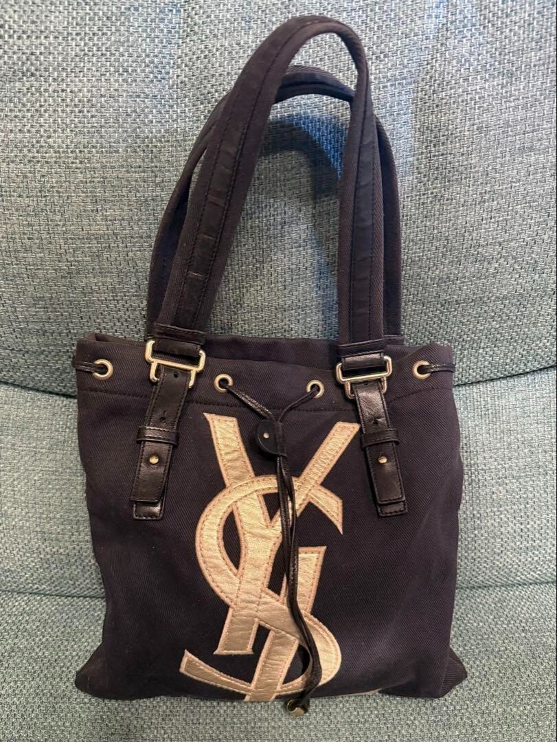 Yves Saint Laurent Kahala Vintage Black Leather Canvas Tote Shoulder Bag Used