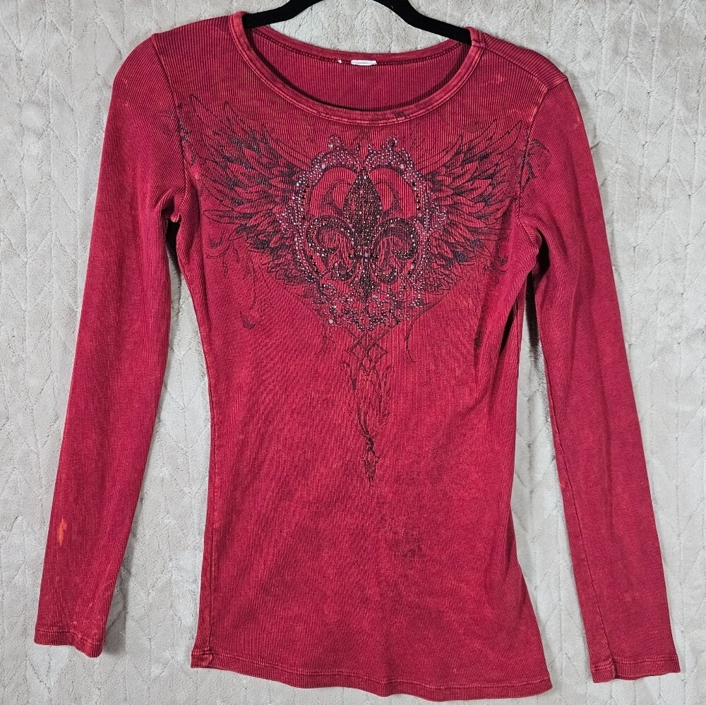 VTG Y2K Graphic Embellished Ribbed Long Sleeve Shirt Womens M Red 90s Grunge