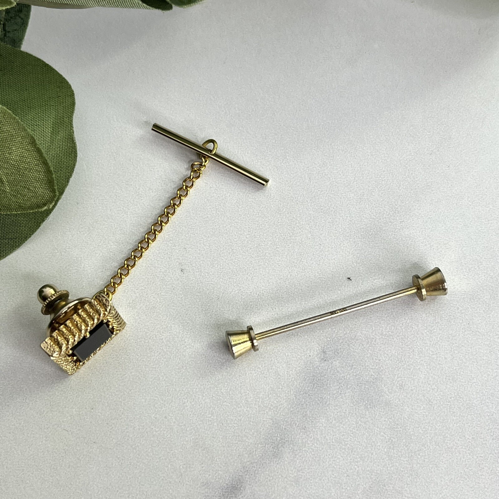 Vintage Gold Tone Barbell Collar Bar Pin & Gold Tone Black Stone Tie Tack Japan