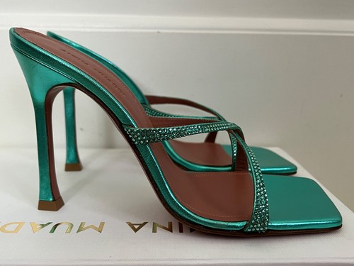 NIB Amina Muaddi Adriana Caribbean Blue Leather Crystal Mule Pumps Sz 36 6 $1040 - Picture 15 of 20