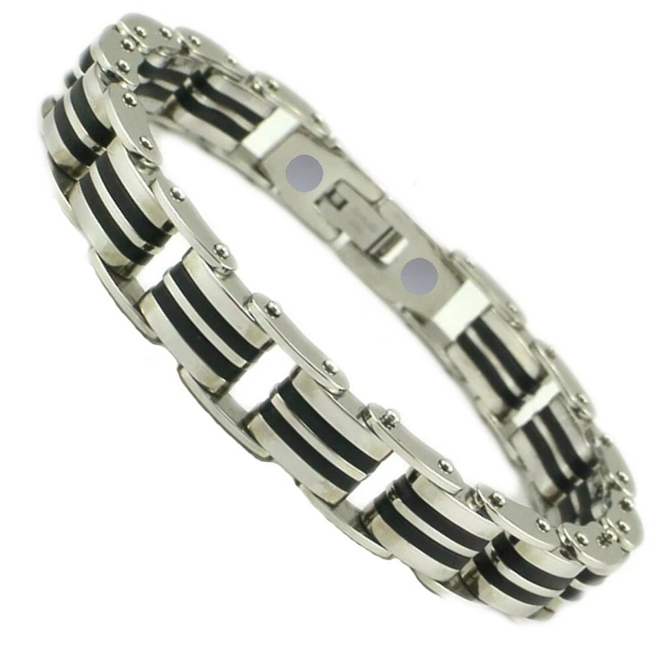 ENERGETIX-4YOU S.L. PAJA 2140 Black Stripe Magnet Gliederarmband TCM Edelstahl Kautschuk energie