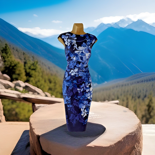 KAREN MILLEN BLUE FLORAL-PRINT PENCIL DRESS UK 14 (US 10) EUR 42
