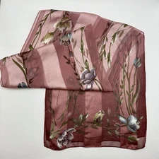 Liz Claiborne Rectangular Sheer Pink Striped Floral Polyester Scarf 11x57”