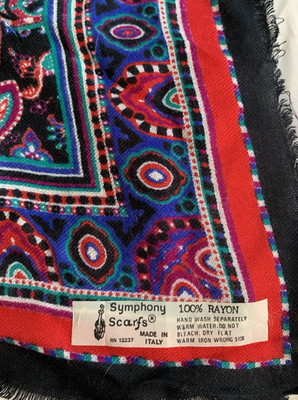 Vintage Symphony Scarf 34 x36  Made in Italy Blue Black Red Paisley Rayon