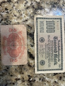 Vintage 1922 German 1000 Mark Banknote & 2 Mark