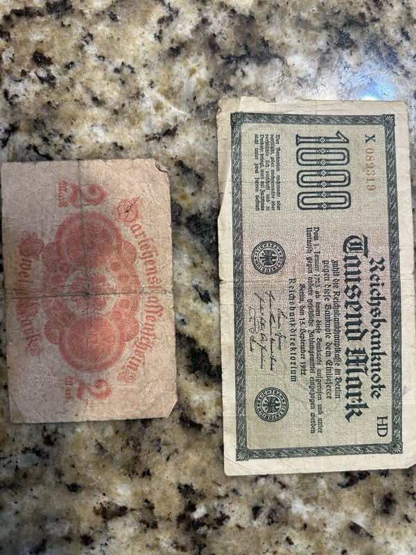 Vintage 1922 German 1000 Mark Banknote & 2 Mark