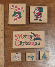Lot of 6 Wooden Stamps Christmas Santa Candy Canes Snowman Tree Holiday
