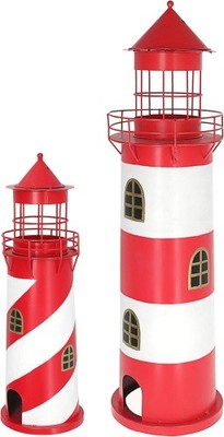 Leuchtturm 2er Set   rot weiß S:15,4x46cm L:21,5x73cm Metall   Windlicht  L