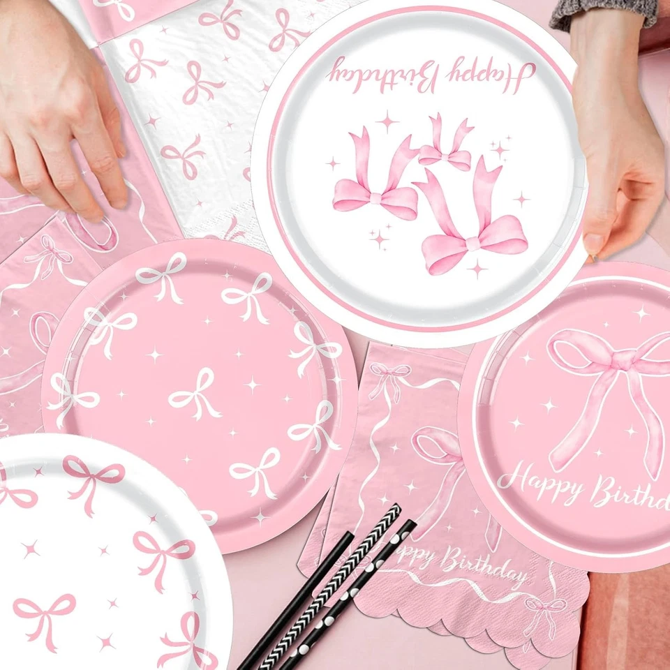 Pink Bow Birthday Party Supplies for Girls – Serves 24, Plates, Cups, Napkins - Image 4 of 4