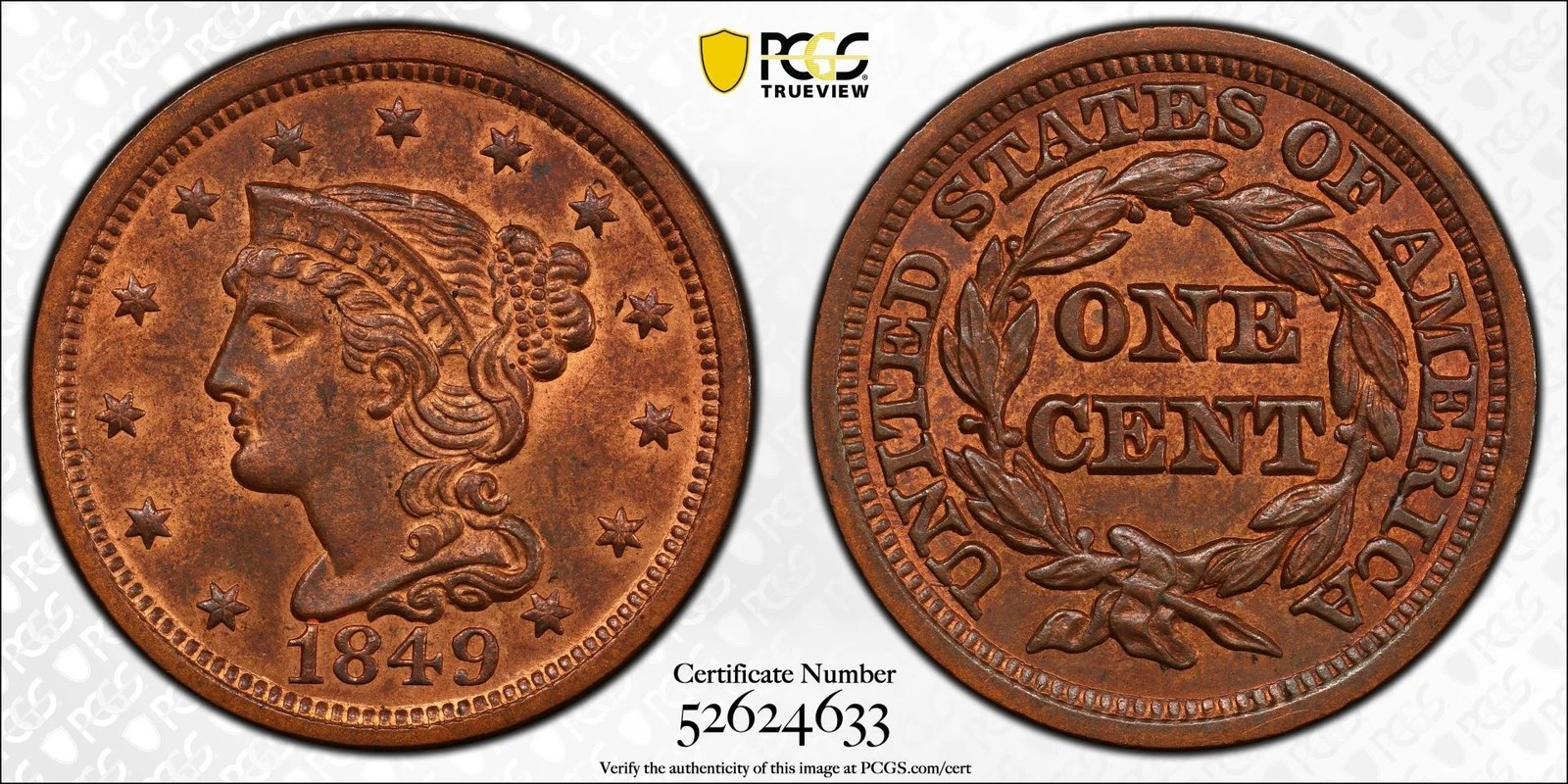 1849 1C Braided Hair Cent PCGS MS65RB