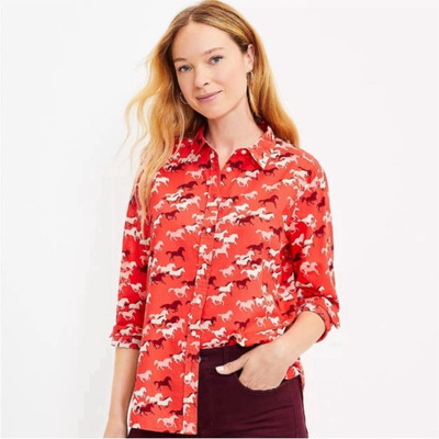 NWT LOFT Classic 100% Cotton Button Down ''Horse Everyday'' Long Sleeve Shirt XS