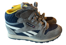Reebok Classic Mid Top Sneakers Kids US 1 Gray Navy Yellow Hook Loop Lace
