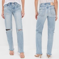 Moussy Vintage Odessa Straight Low Jeans Distressed Light Blue Wash SIZE 27
