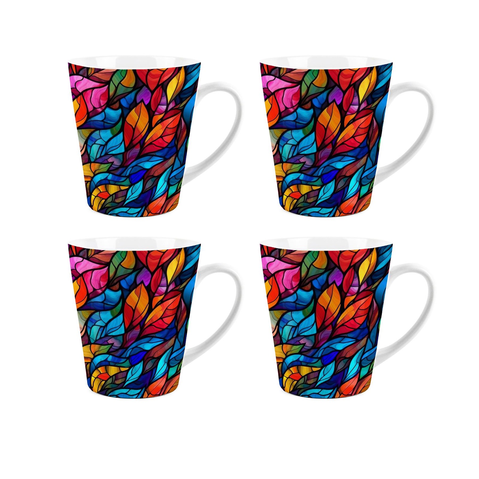 Stained Glass Patterned Latte Mugs Set of 4 - Ceramic Multicoloured Cup Gift