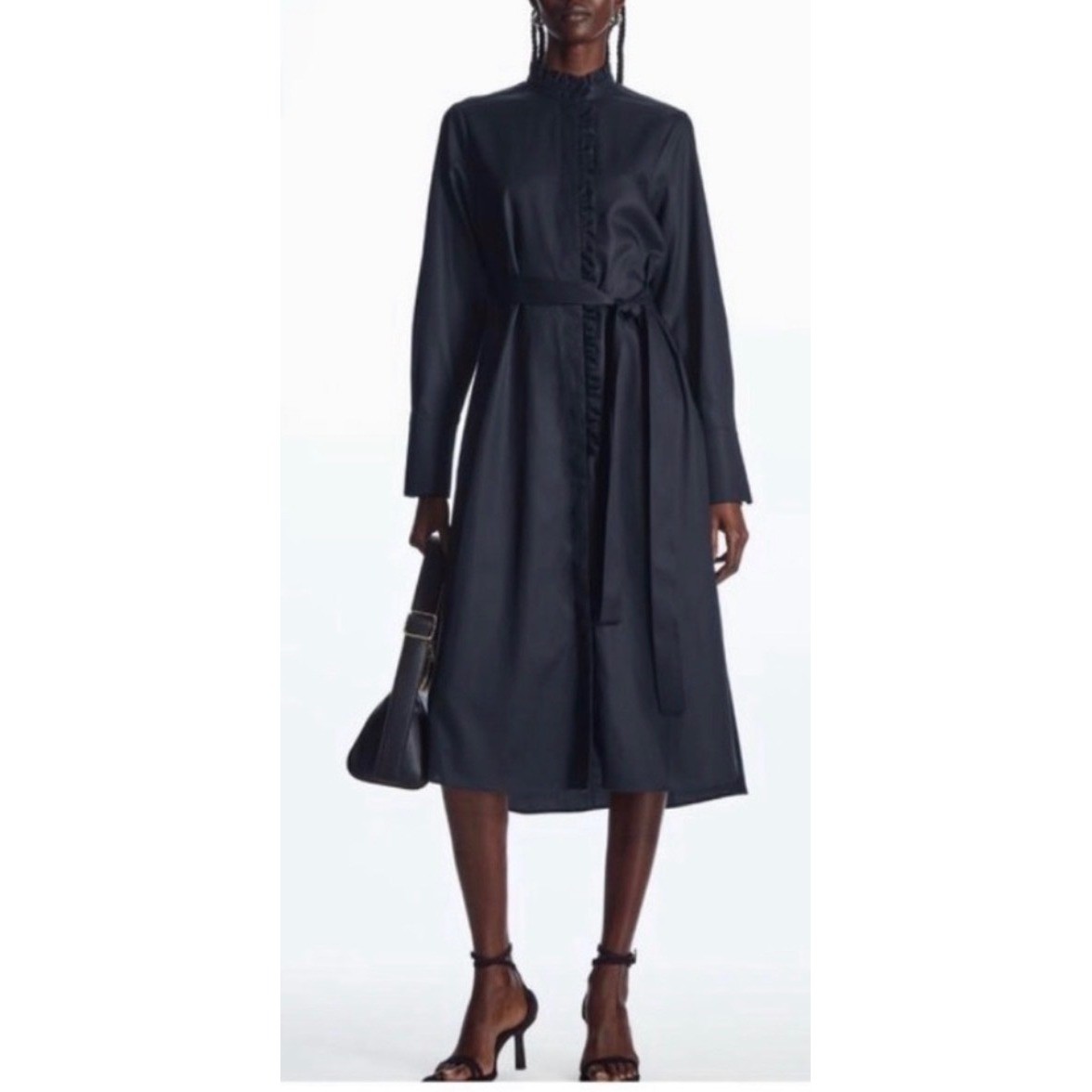 COS Ruffled High Neck Midi Shirtdress Navy Blue Tie Waist Long Sleeve US 6