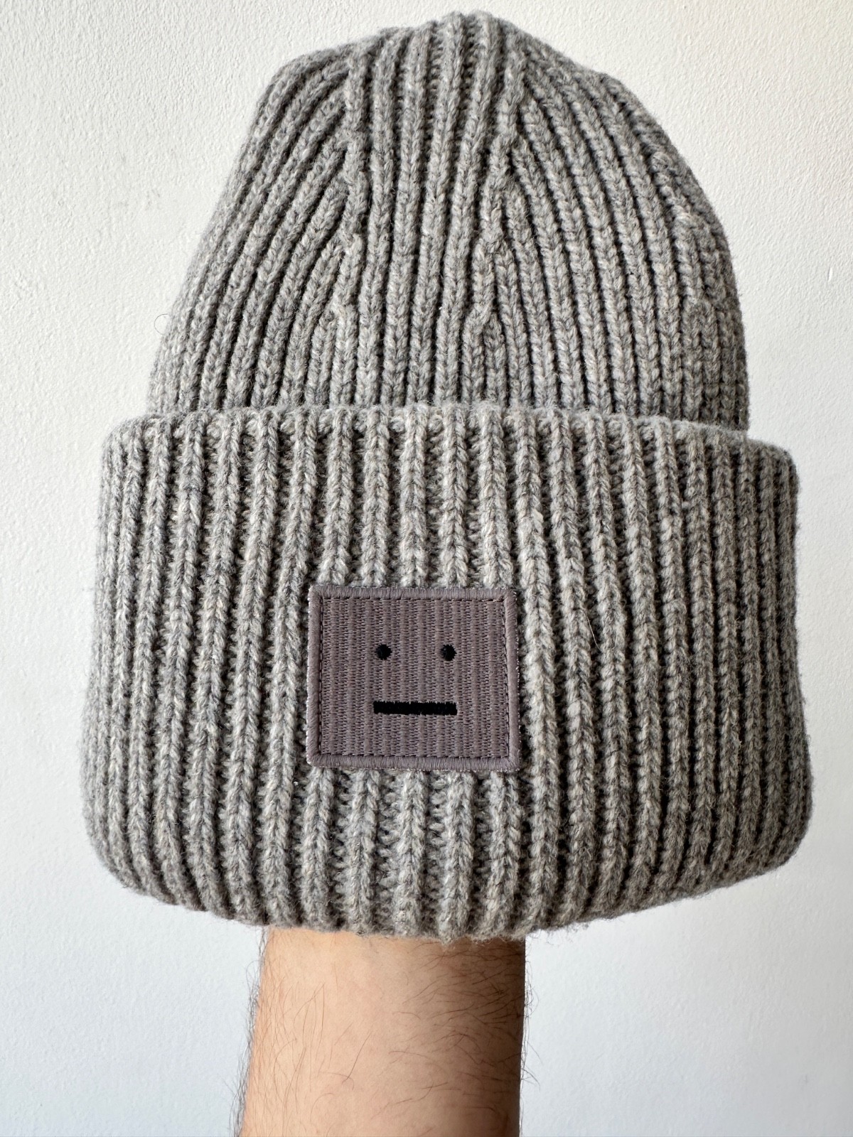 Acne Studios Gray Ribbed Beanie with Smiley Patch 100percent Wool image 2