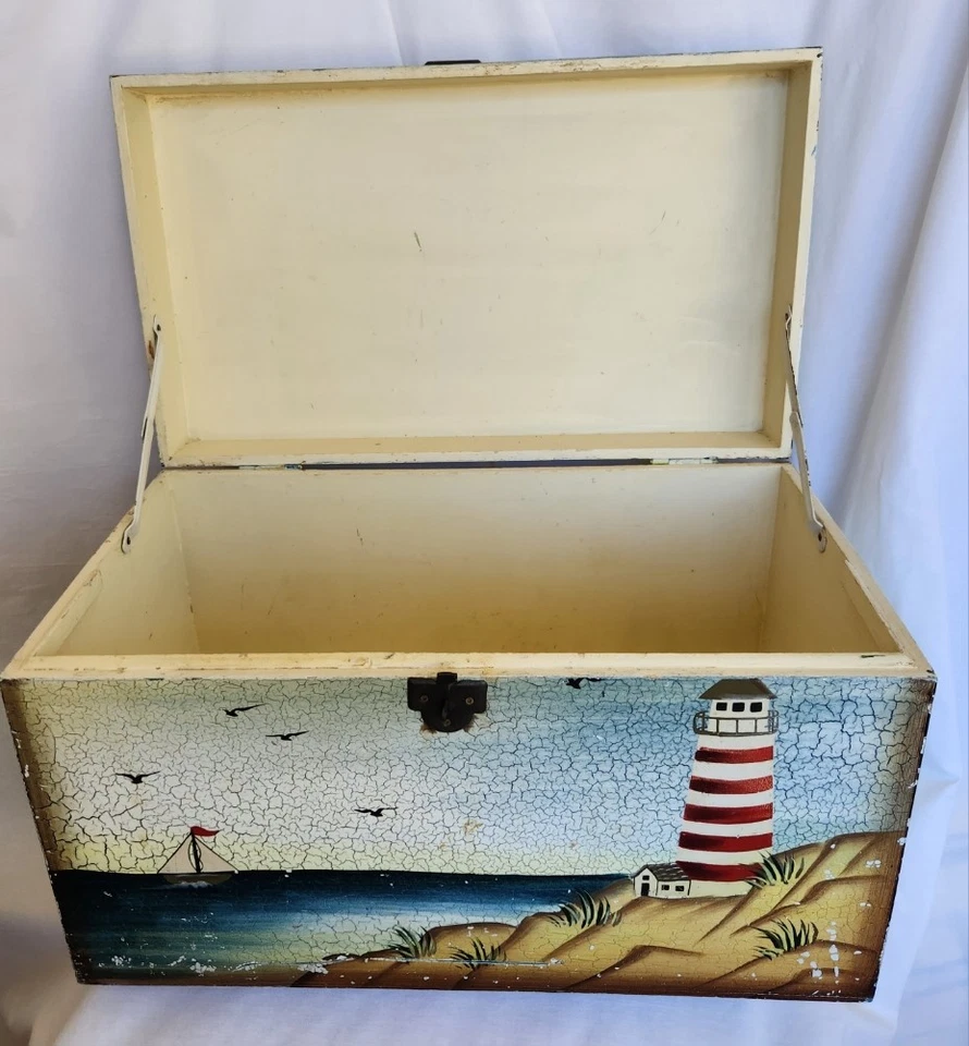 Baúl náutico cofre faro de madera vintage velero asas con bisagras Foto 4 de 4