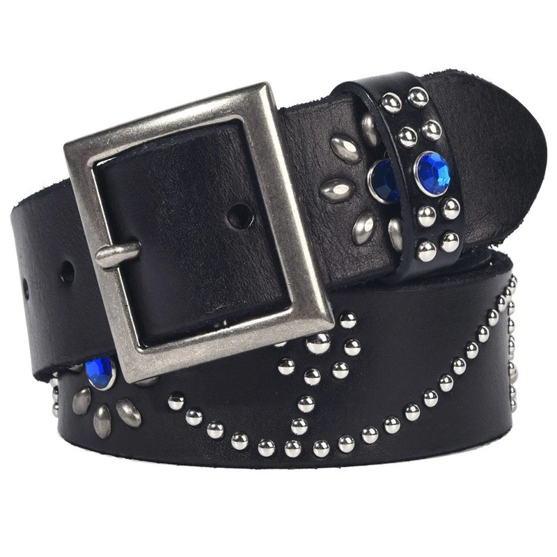 Cintura vera pelle metallo pesante rivetto borchie unisex punk cintura fatta a mano - Immagine 2 di 4