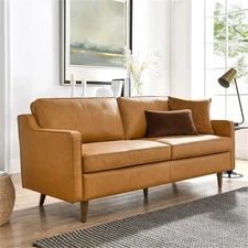 Pemberly Row Contemporary Genuine Leather Upholstered Sofa in Tan