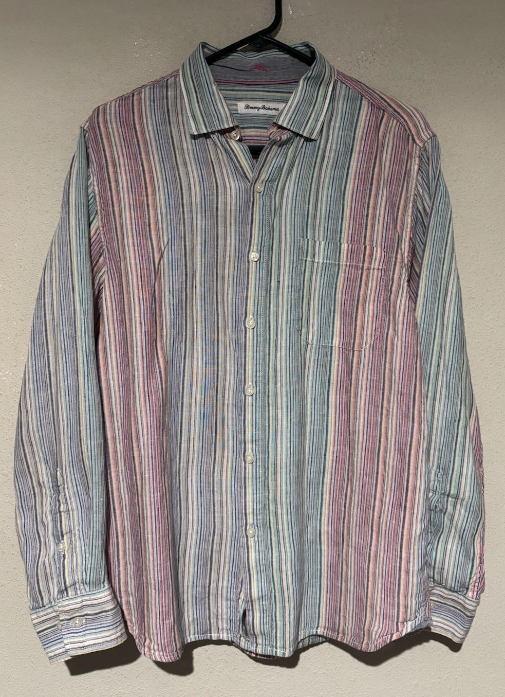 Tommy Bahama Shirt Mens M 100% Linen Long Sleeve Button Up Striped Colorful Z29