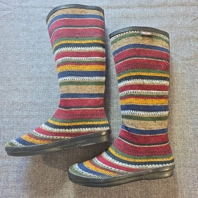 Muk Luks Aubrie Tall Knit Rubber Rain Boots Size 10 southwest stripes aztec